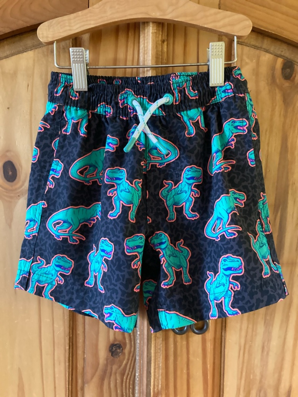 Boys Members Mark green orange dinosaur t-Rex swim trunks shorts size XS (4/5)